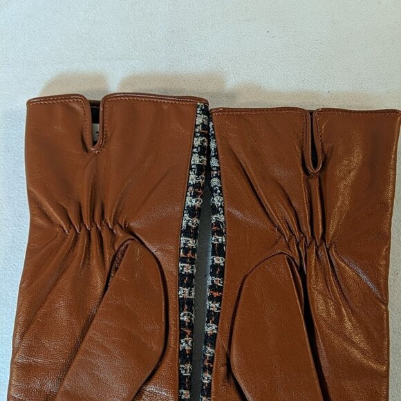 Kenneth Cole Leather Wool Gloves Brown Plaid Tweed Black Women's M Medium Lined - Picture 4 of 10
